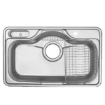 حوض - حله JIS 750P مقاس 48 × 75 سم سُمك 0.8 مم بصفاية للمنظفات وصفاية اطباق وصفاية للملاعق وفتحة للخلاط او للفلتر و الصرف 6 بوصة من كورينا